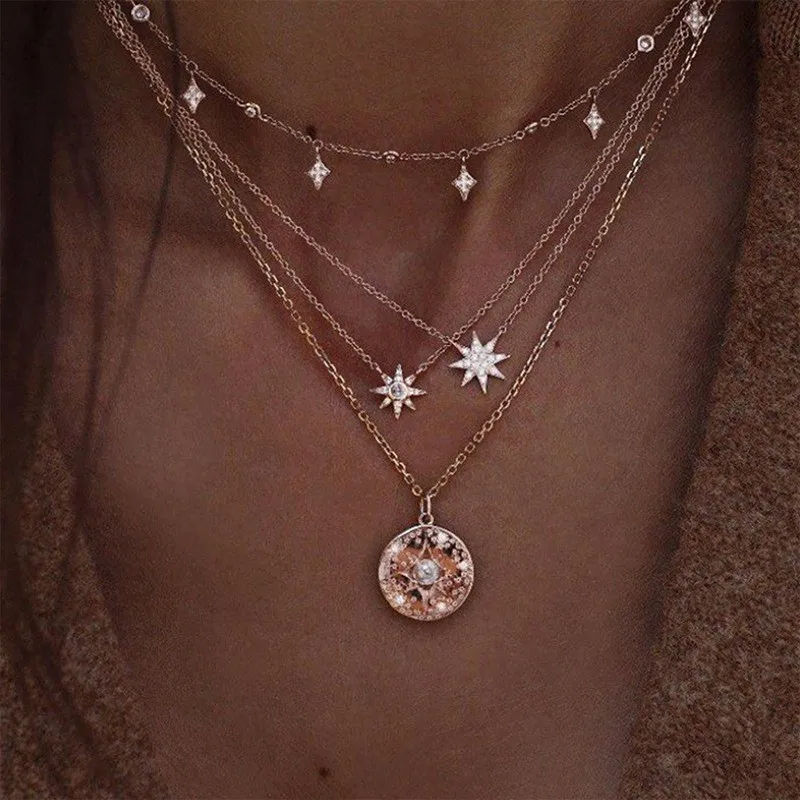 

JOUVAL Gold Color Multi Layer Alloy Women Summer Necklaces Vintage Simple Stars Moon Simulated Pearl Pendant Necklace Jewelry