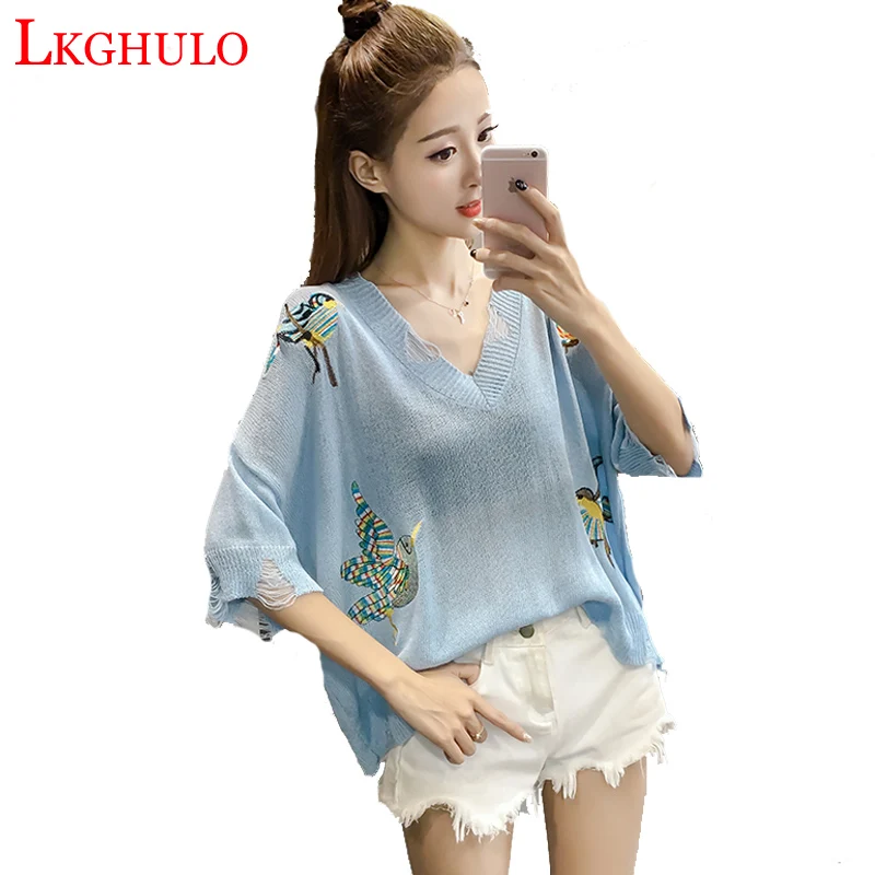 Ice Silk Embroidery Swan Thin Women Pullover Knitted Sweater Shrug Fives Quarter Crochet Female V-Neck Woman Pullovers Tops W799