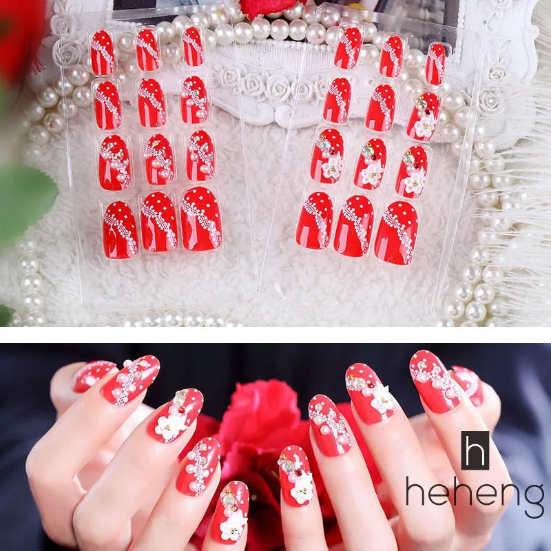 24 Pieces Set For Wedding Decoration Red Fake Nails Red 3D Carved Pearl Manicure Back Glue 5