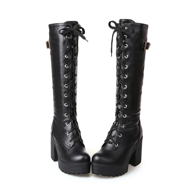New Chunky Heel Platform Gothic Punk Knee High Mid Combat Lace Up Boots Shoes 