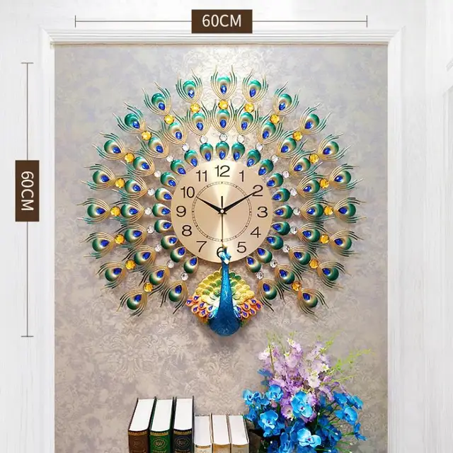 Large Peacock Wall Clock Home Decor