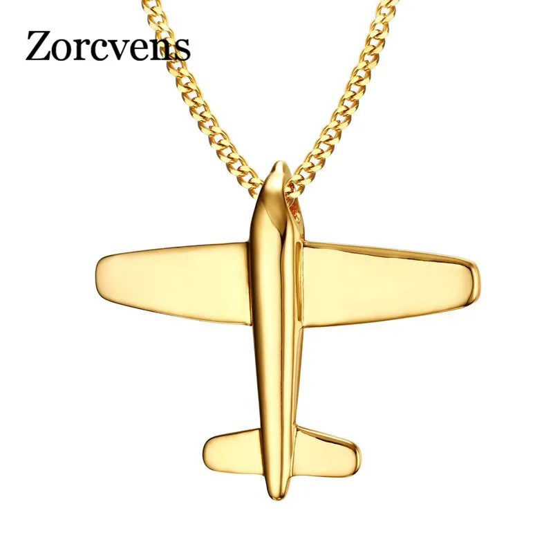 

ZORCVENS 2019 New 316L Stainless Steel Pendant Necklace Gold-color Aircraft Airplane Shaped Necklace for Man