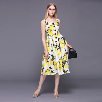 

Custom Dress S-7XL 2017 Summer Newest Spaghetti Strap Slash Neck Fruit Print With Button Elegant Mid-Calf Plus Size Dress Women