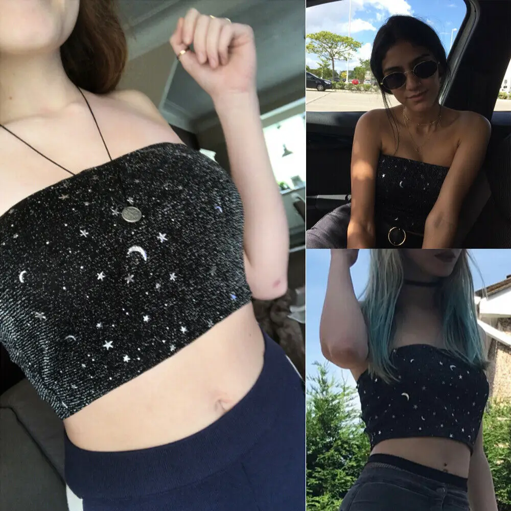 

New Sexy Womens Shiny Star Strapless Tube Top Wrapped Chest Fashion Ladies Bandeau Crop Top Black Bling Tube Tops