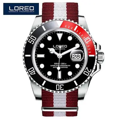 LOREO 200 м серия для дайвинга мужские часы Топ бренд класса люкс автоматические механические часы Мужские Авто Дата светящиеся сапфировые синие часы - Цвет: Nylon Red