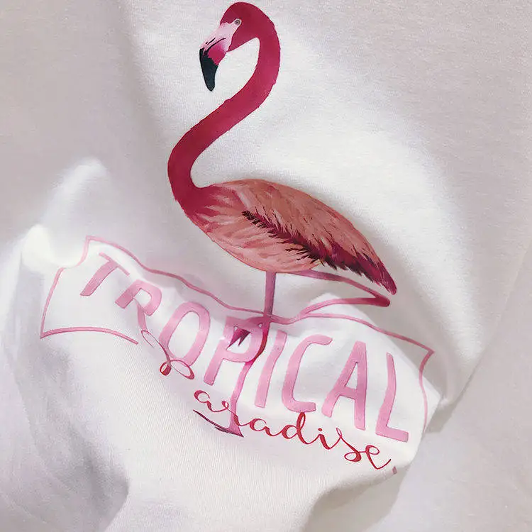 2019 Модные женские футболки с принтом Фламинго белые хлопковые Летние