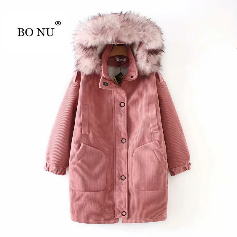 

2019 Women Winter Corduroy Parka Big Fur Slim Women Winter Jacket Casual Thick Women Warm Parka Warm Stylish Women's Jackets