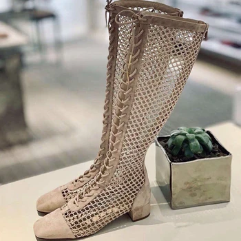 

Knee-High Boots Mesh Low Square Heels Pointed Toe Shoes Woman Lace-Up Zapatos De Mujer Summer Fretwork Banquet Ladies Pumps