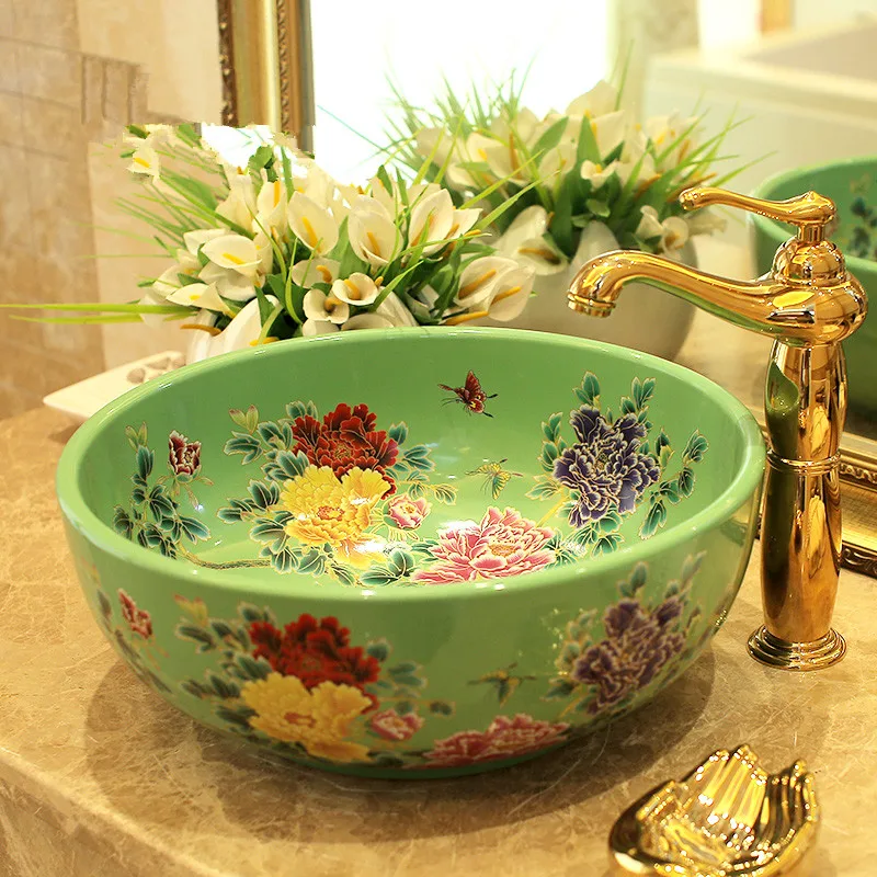 Europe Vintage Style Lavobo Ceramic Washing Basin Counter top Bathroom Sink hand painted vessel sinks Peony painting black (5)