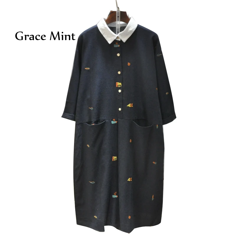 Embroidery Shirt Dress Autumn Long Sleeve Knee Length Loose for Women | Женская одежда
