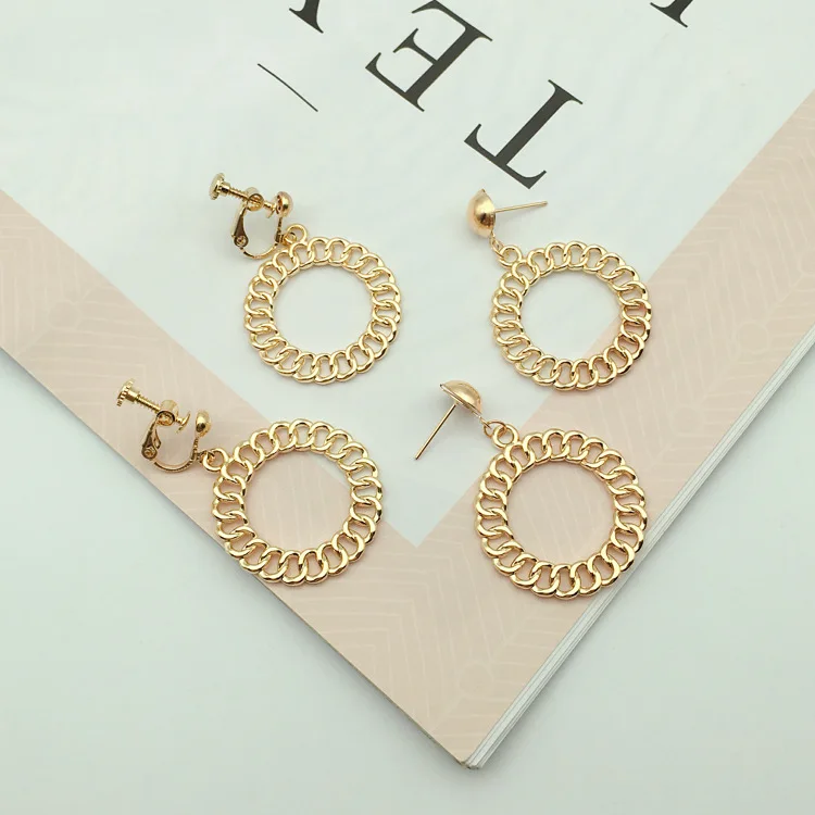 GRACE JUN New Arrival Hollow-out Big Circle Clip on Earrings No Pierced for Women Hot Sale Gold Color Copper Alloy 2018 | Украшения и