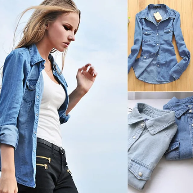 Plus size denim shirt women clothing nostalgic gradient jeans shirt ...