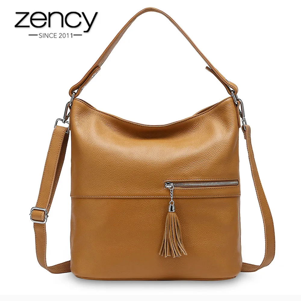 Bolsa de Ombro com Borla Zency Beleza Design Feminina Couro Genuíno Bolsa Damasco Moda Senhora Crossbody Preto Cinza 100%