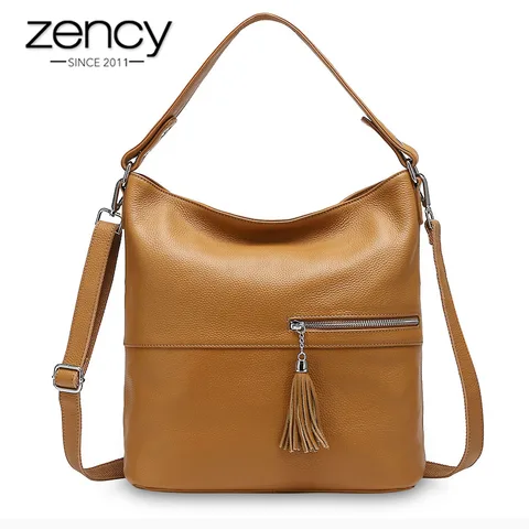 Bolsa de Ombro com Borla Zency Beleza Design Feminina Couro Genuíno Bolsa Damasco Moda Senhora Crossbody Preto Cinza 100%