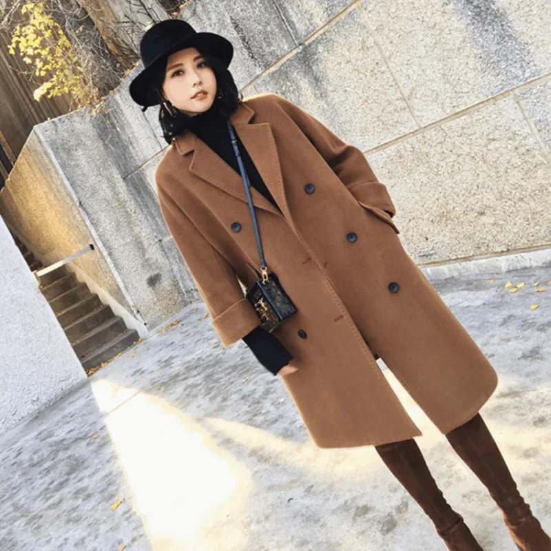 Зимнее корейское пальто женское модное шерстяное пальто женское двубортное пальто с отложным воротником официальное пальто плюс размер 5XL - Цвет: Caramel Quilted