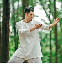 Cotton Linen Men’s Yoga Suits Long Sleeved Taiji Lay Clothes Plus Size Breathable Meditation Martial Arts Performance Clothing