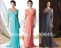 Plus Size Grey Coral Beads Lace V Neck Empire Elegant Mother Of The Bride Groom Dresses Long Chiffon With Sleeves S50