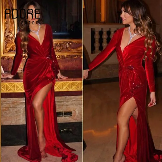 Jennifer Lopez Celebrity Vestido de Noche de Terciopelo Rojo Oscuro de La  Sirena V cuello de Manga Larga de Dubai Árabes Vestidos De Baile Vestido  Del Partido|dress to impress men|dress up super