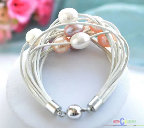

15row 8" 13mm white pink lavender rice pearl white leather Bracelet
