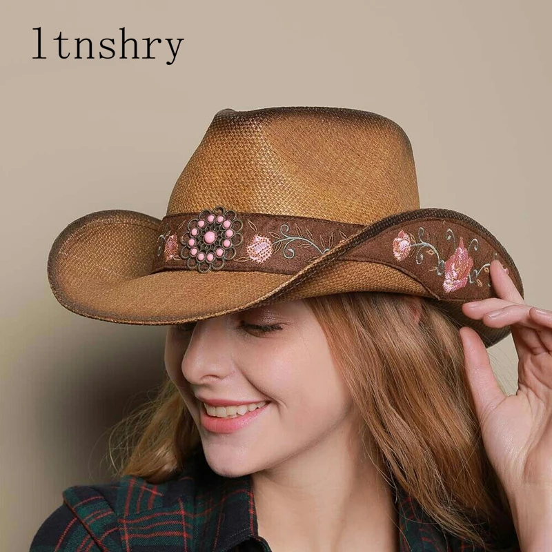 

Women Western Cowboy Hat For Summer Elegant Jazz Lady Cowgirl Sombrero Hombre Caps With HandWork Embroidery Hats Size outdoor