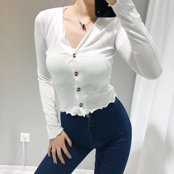 Women V Neck Button Through Top in Macaroon Color - Цвет: white