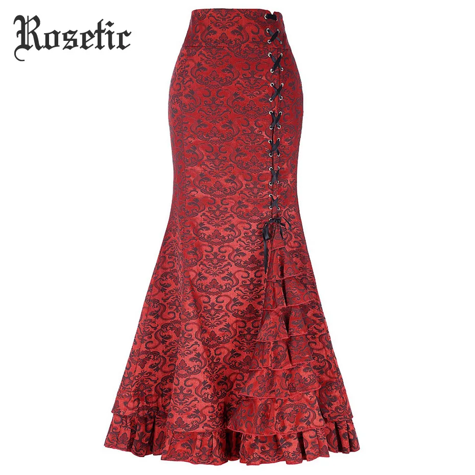 Rosetic Gothic Vintage Long Mermaid Skirt Asymmetric Floral Print Lace Patchwork Lace-Up Luxury High Waist Goth Black Skirts Skirts