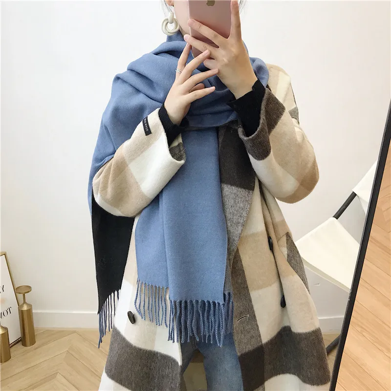 Female new 10 colors tassel scarf monochrome double-sided warm shawl imitation cashmere bib