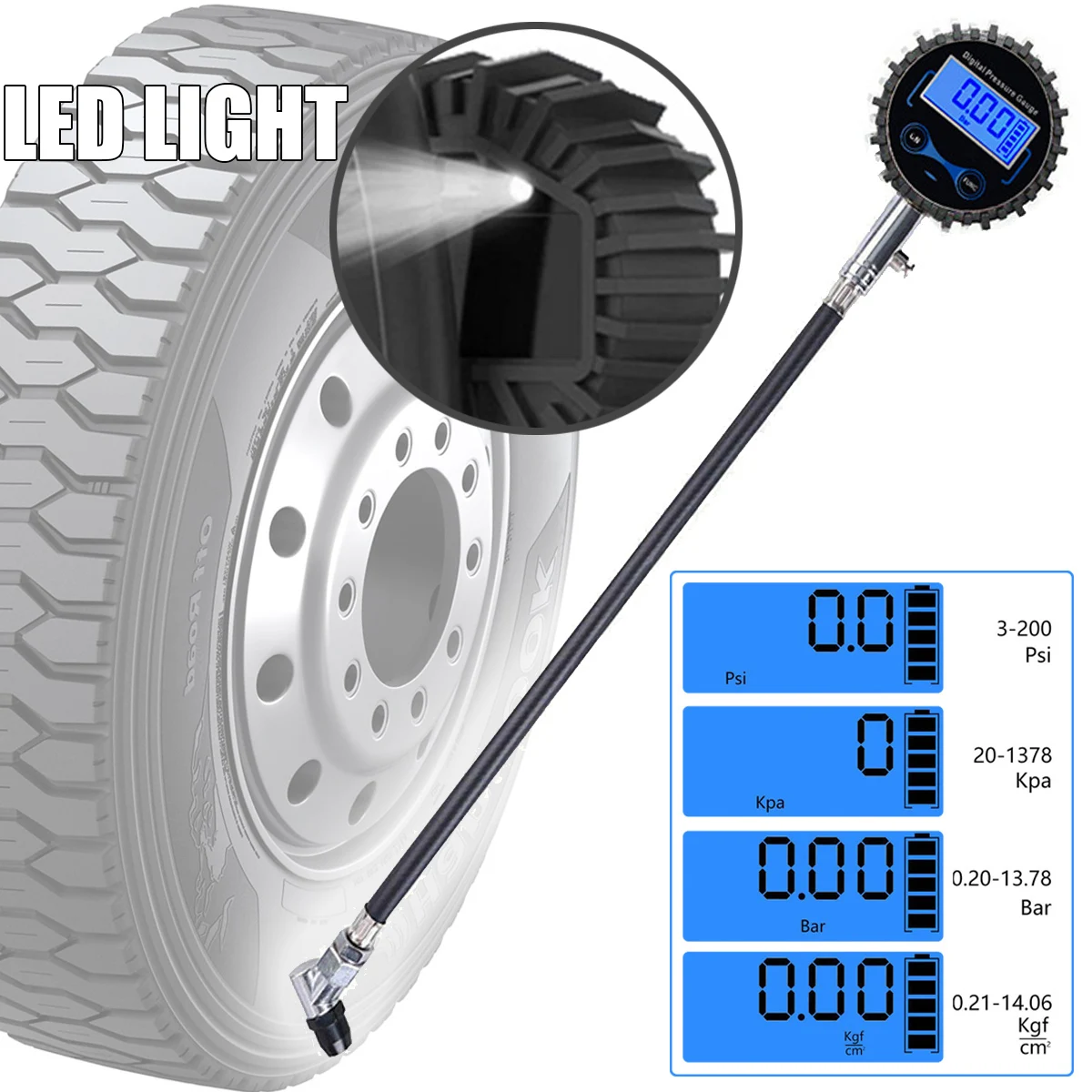 

New Arrival 3-200Psi LCD Digital Tire Tyre Pressure Gauge Auto Meter Tester With Backlight+LED Light for Car Truck Van