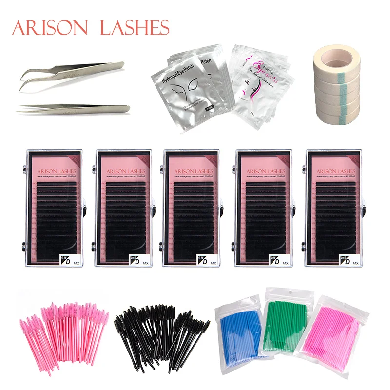 Arison Lashes Extension Lashes Combination Tweezers Surgical tape Premium 16rows extension Eye patch Mascara wands makeup brush