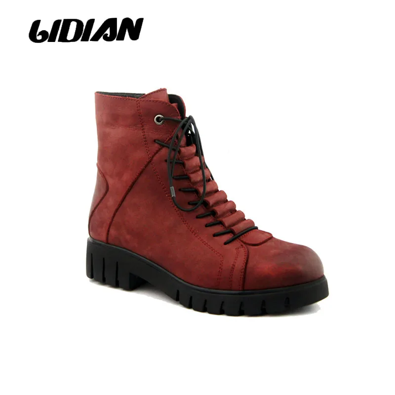

LIDIAN women boots warm wool winter ankle boots nubuck leather casual boots lace up zipper opening women's shoes B5-1