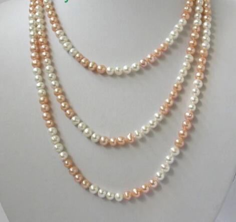 

FREE SHIPPING>>>@@ > N2632 long 50" 7mm white pink round freshwater pearls necklace