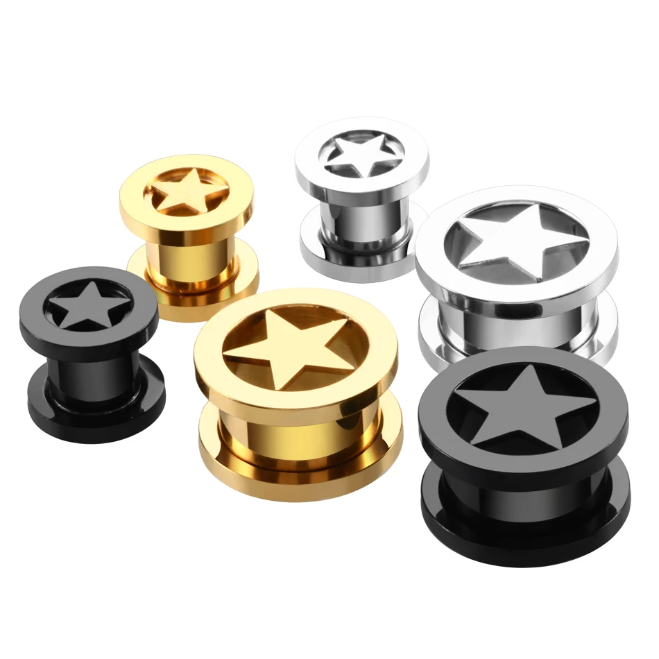 2PCS Steel Stars Ear Plugs Tunnels Screw Fit Ear Tunnels Hollow Gauges