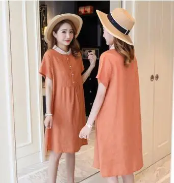 

Loose Large Size Maternity Dress 2019 Summer Short Sleeve Cotton Linen Doll Collar Maternity Dresses for Pregnant Women QL8038