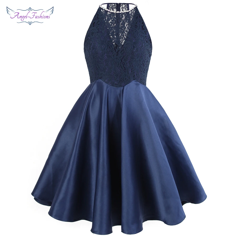 

Angel-fashions Short Homecoming Dresses Halter Beading Lace See Through Satin Ball Gown Pink Blue 385