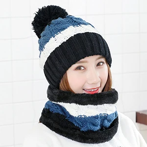 Blue Black Set Модный подарок, теплая шерстяная зимняя женская шапка, s и шарфы, элегантный шарф, шапка, набор для женщин, 2 вида, шапка, шарф, наборы, длинные женские шарфы - Цвет: Blue Black Set