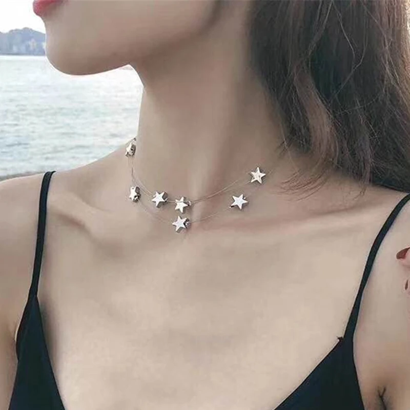 

SRCOI Silver Color Multilayer Star Choker Necklace Simple Layering Bohemia Chokers Invisible Chain Necklace Lady Collier Jewelry