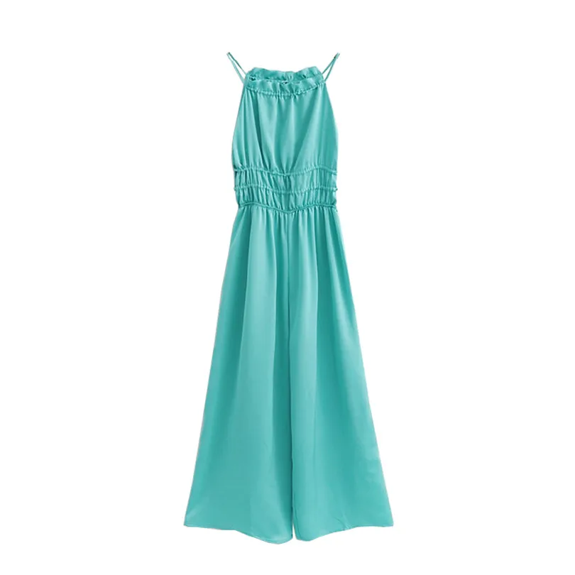 

Women elegant Turquoise sleeveless jumpsuits hanging neck back Split design female chic office wear playsuits