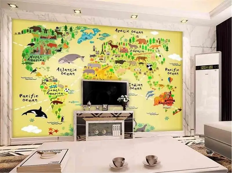 3d Foto Wallpaper Kustom Mural Anak Kamar Hd Kartun Hewan Peta Dunia Lukisan Gambar 3d Dinding