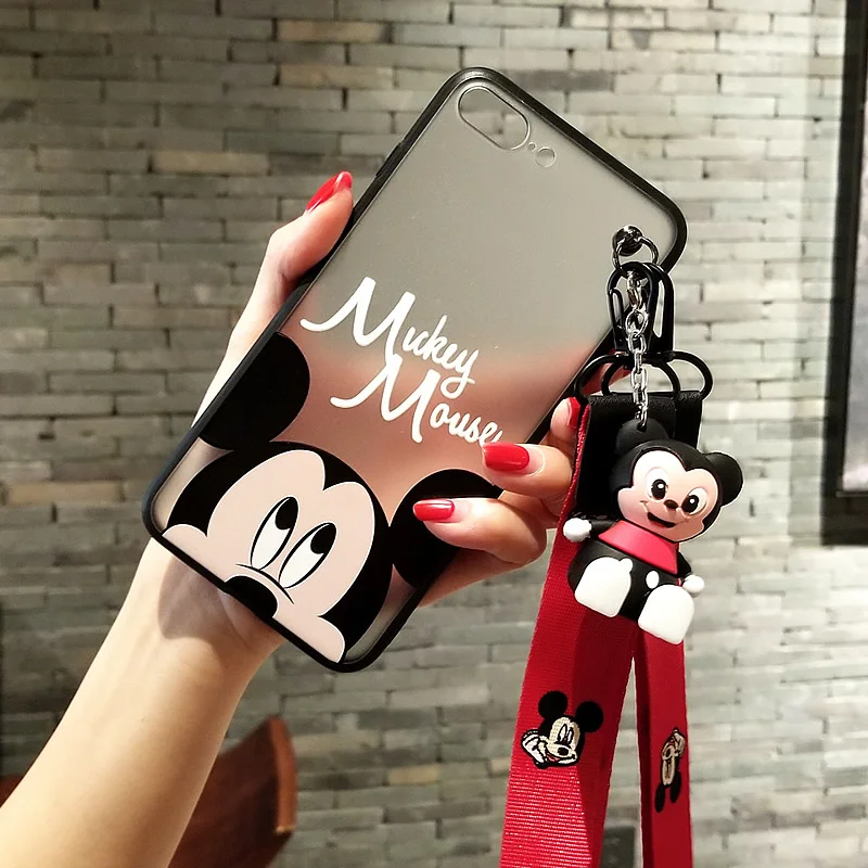 For iPhone 7/8 plus Mickey couple case, for iPhone X 6 6s plus cute Minnie cartoon hard back cover + strap + phone holder
