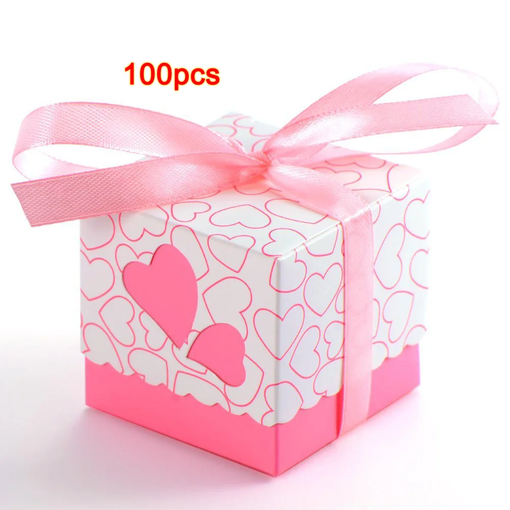 

100x Dragee Wedding Bridal Wedding Heart Baptism decoration table + ribbon pink
