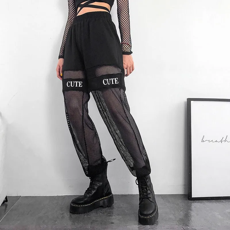 

Casual Black Drawstring Waist Mesh Sheer Sweatpants Loose Women Summer Long Carrot Trousers