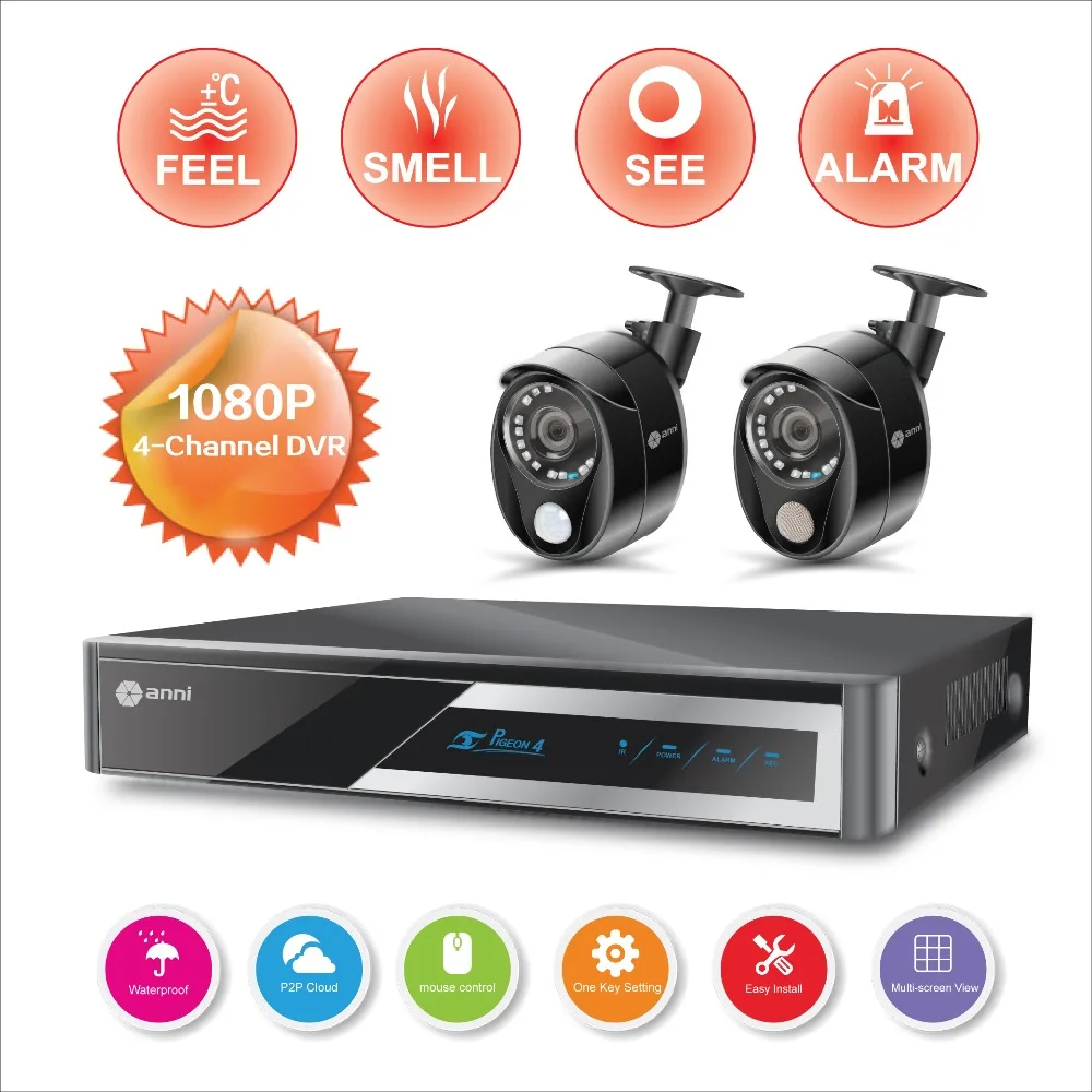 

ANNI Security Surveillance Kit, 4CH 1080N Digital Video Recorder, 2 x 1080P Cameras with PIR sensor and Siren Sounds, NO HDD