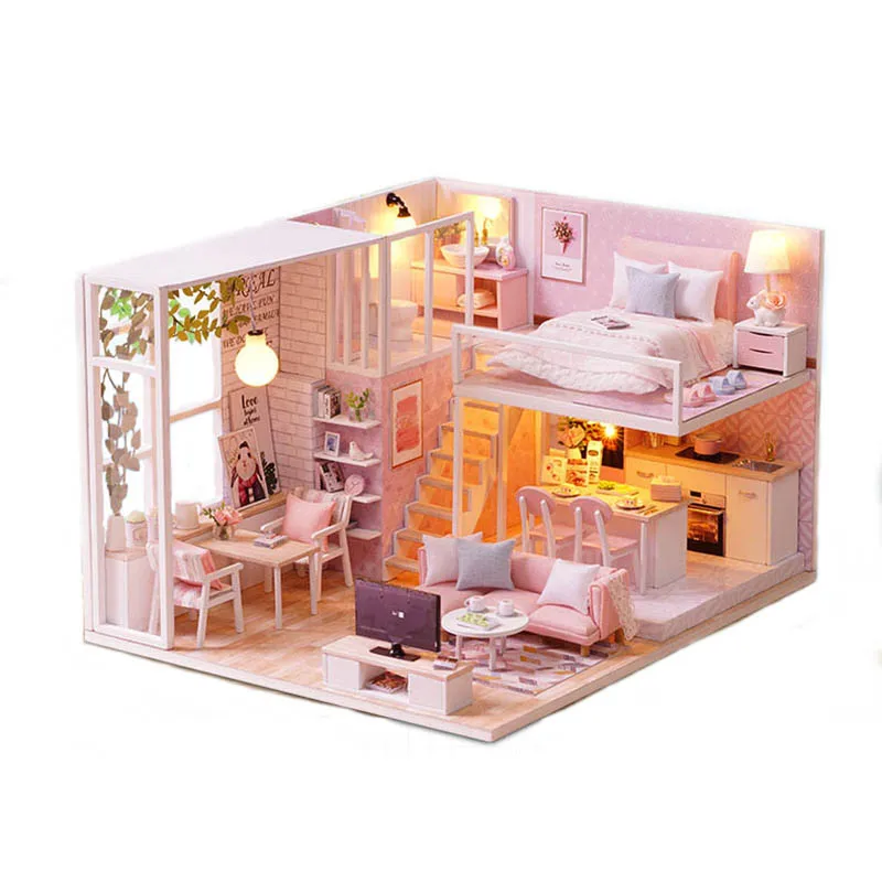 

CUTE ROOM Miniature Wooden Doll House With DIY Furniture Toys for Kids Girls Handmade Blocks Gift Pink LOFT Life L022