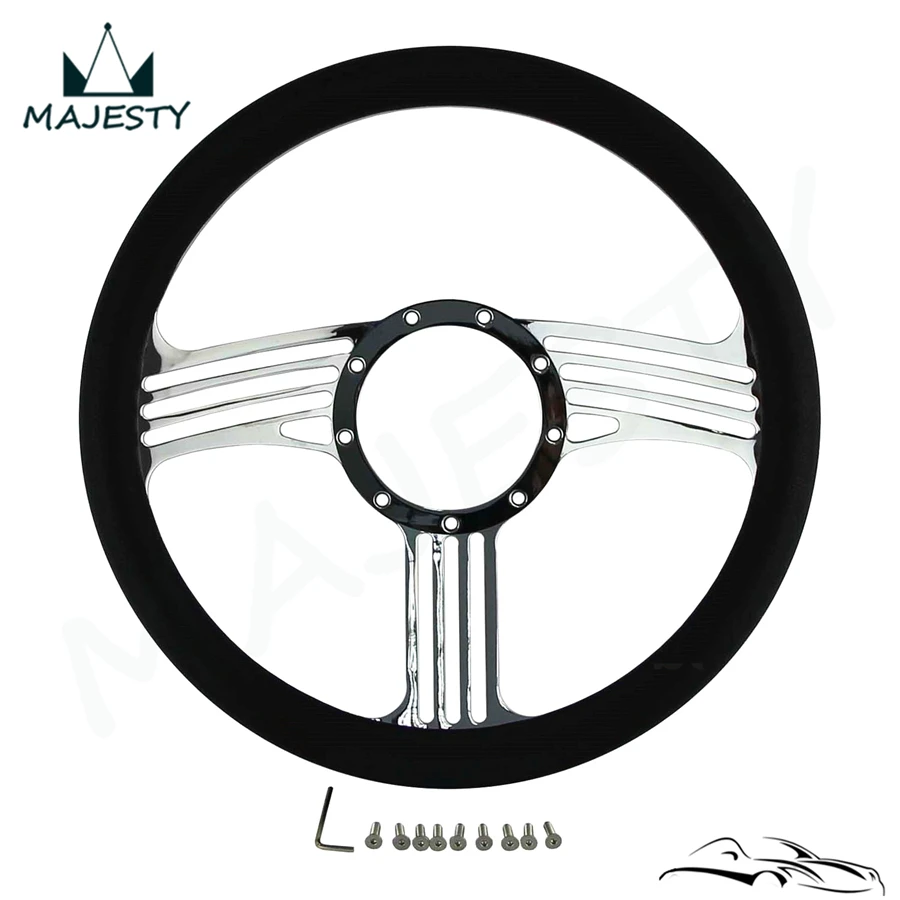 

9 Bolts 14" Chrome Billet Aluminum Slash Steering Wheel Black Leather G M Chevy
