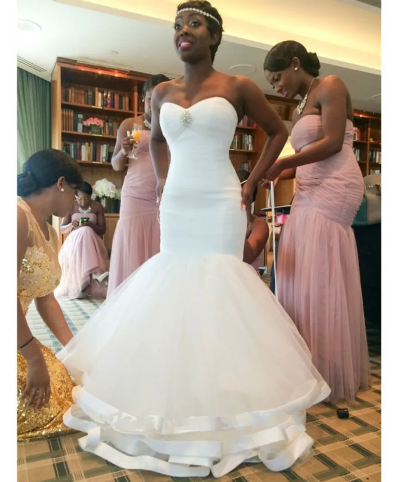 Plus Size Chérie Sirène Africaine Robes De Mariée Plis Tulle