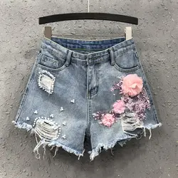 Летние повседневные женские с высокой талией рваные жемчужины вышивка цветок джинсовые шорты, женские широкие брюки джинсы с бахромой