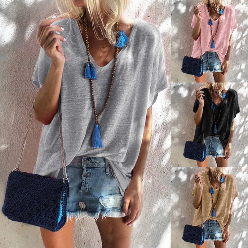 

HEFLASHOR Women t shirts Candy colors short sleeve v neck loose tee shirt 2019 Summer female casual Top clothes pink plus size