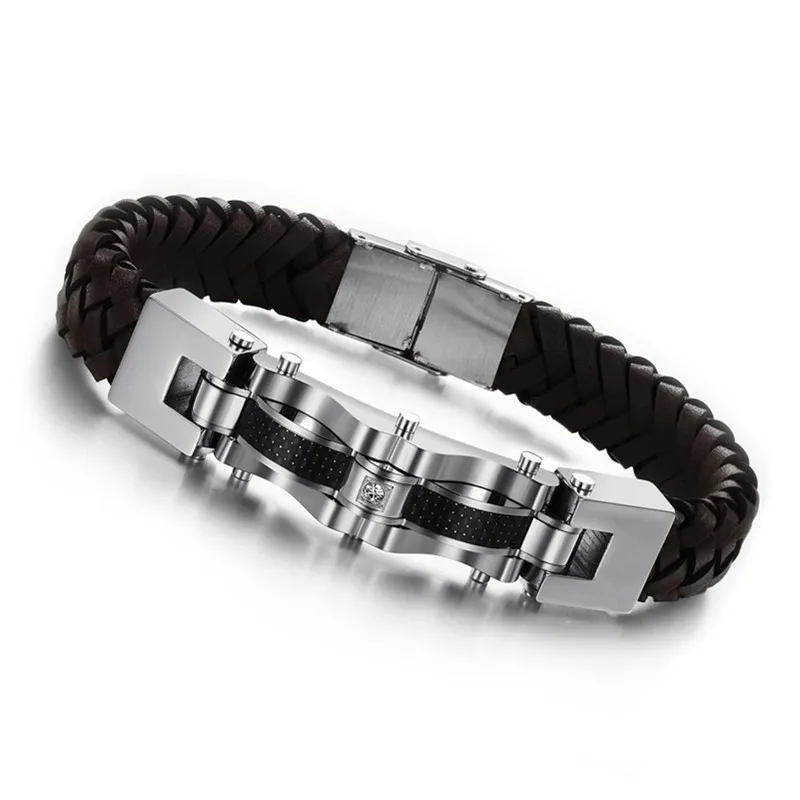 Titanium Steel Bracelets for Men Fashion Black PU Leather Bangles for