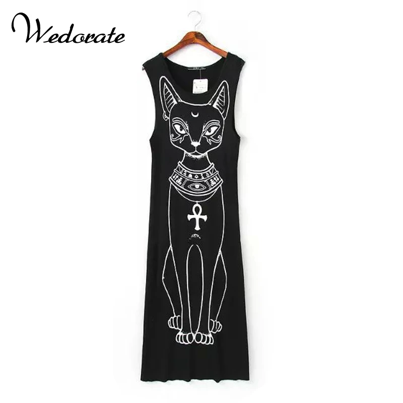Wedorate летний пляж рукавов шею cute cat печати пят sexy dress спагетти ремень повседневные