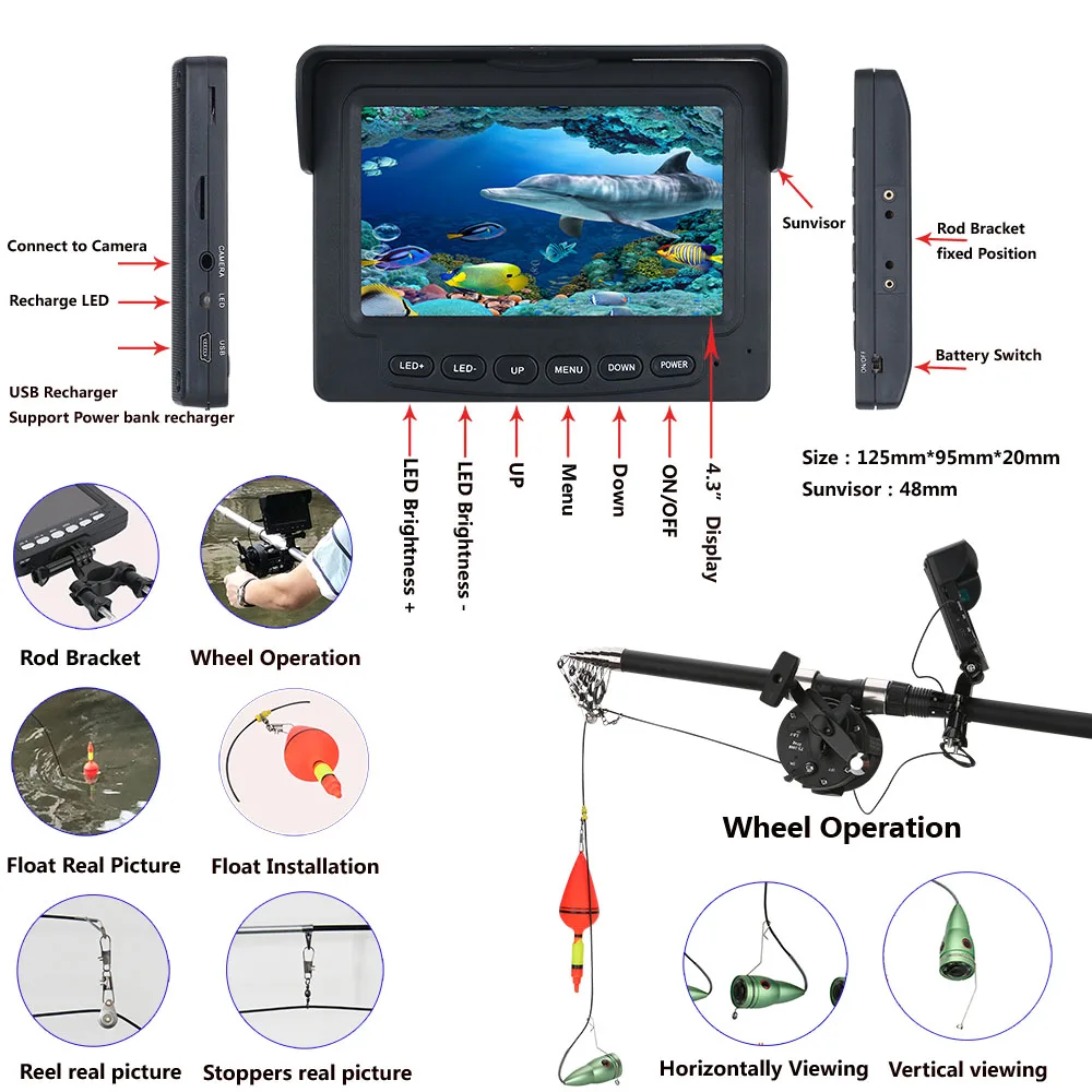 GAMWATER 15M 25M HD 1000TVL Underwater Ice Fishing Camera Sea wheel Video Fish Finder 4.3" LCD 6W White LED 165 Degrees Angle